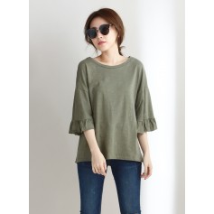 Frilling sleeve round cotton Tshirt