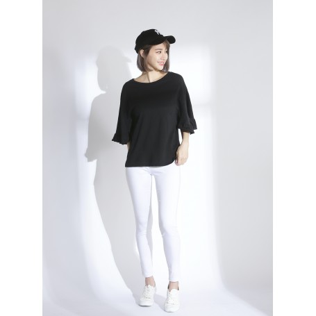 Frilling sleeve round cotton Tshirt