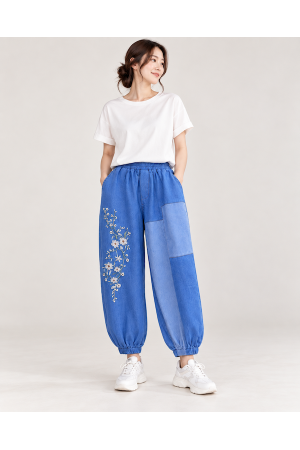 Embroidered Patchwork Denim Pants 刺繡拼接牛仔褲